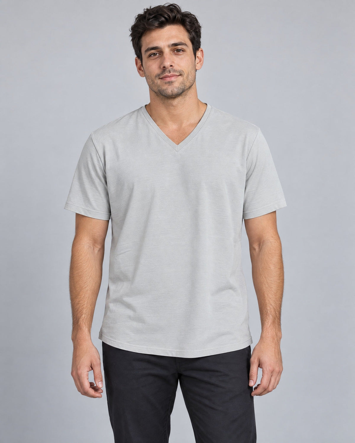 Clean Angle V-Neck Tee in Cream, on model