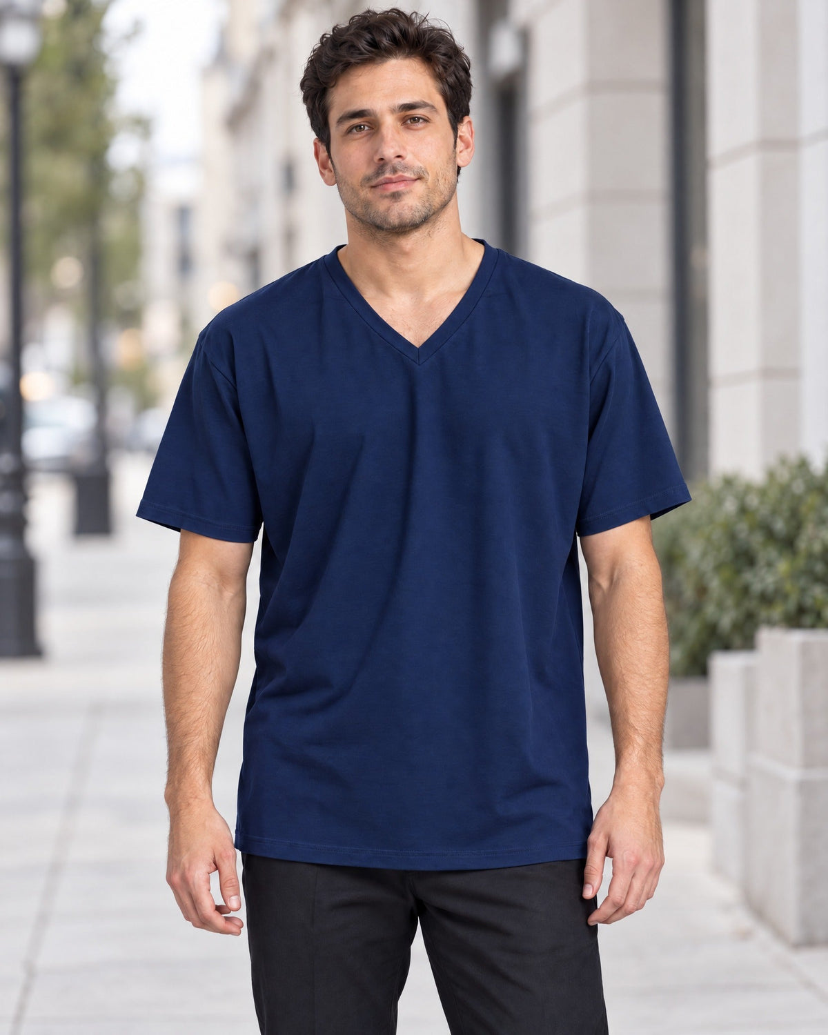 Clean Angle V-Neck Tee in Navy, lifestyle