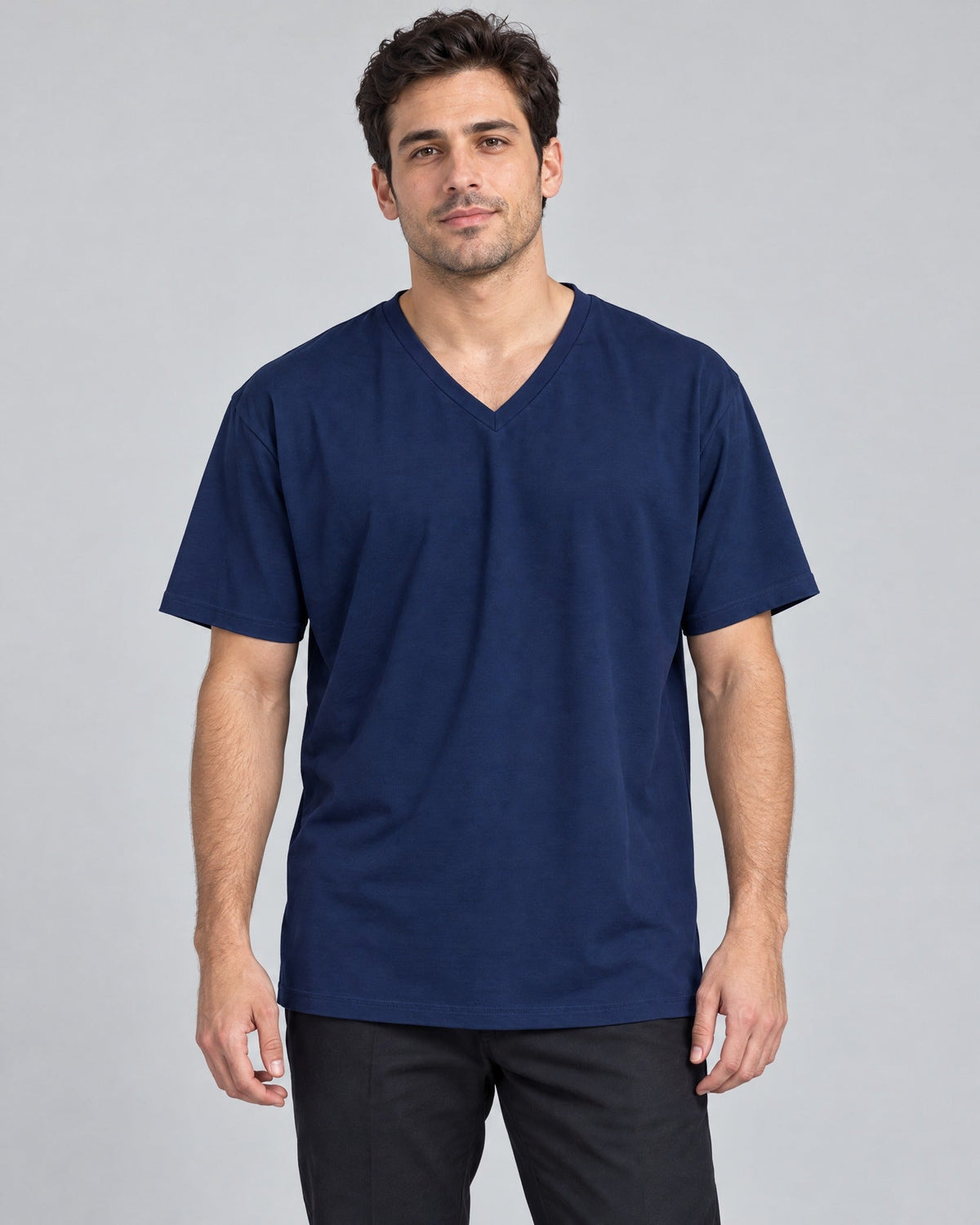 Clean Angle V-Neck Tee in Navy, on model