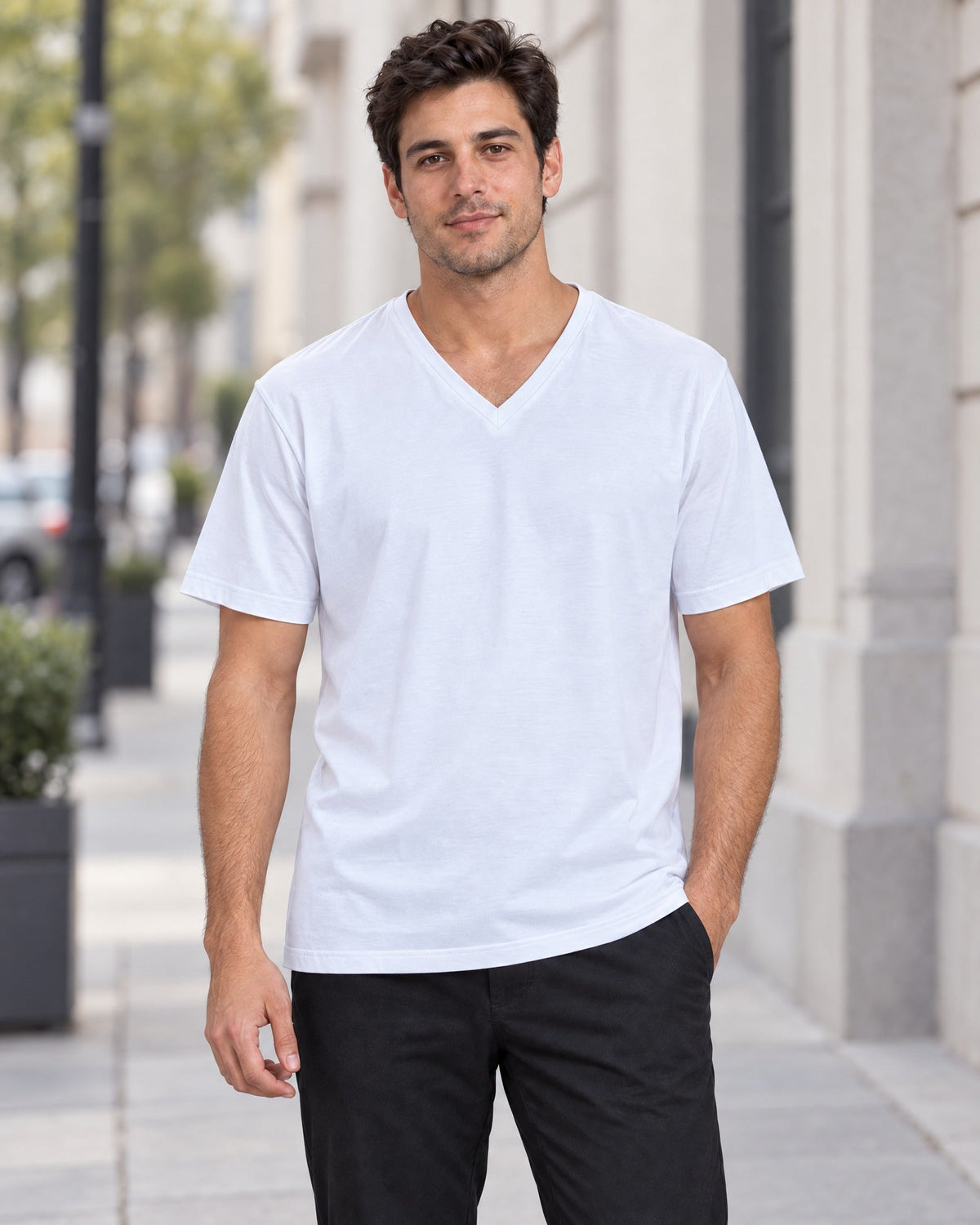 Clean Angle V-Neck Tee in White, lifestyle
