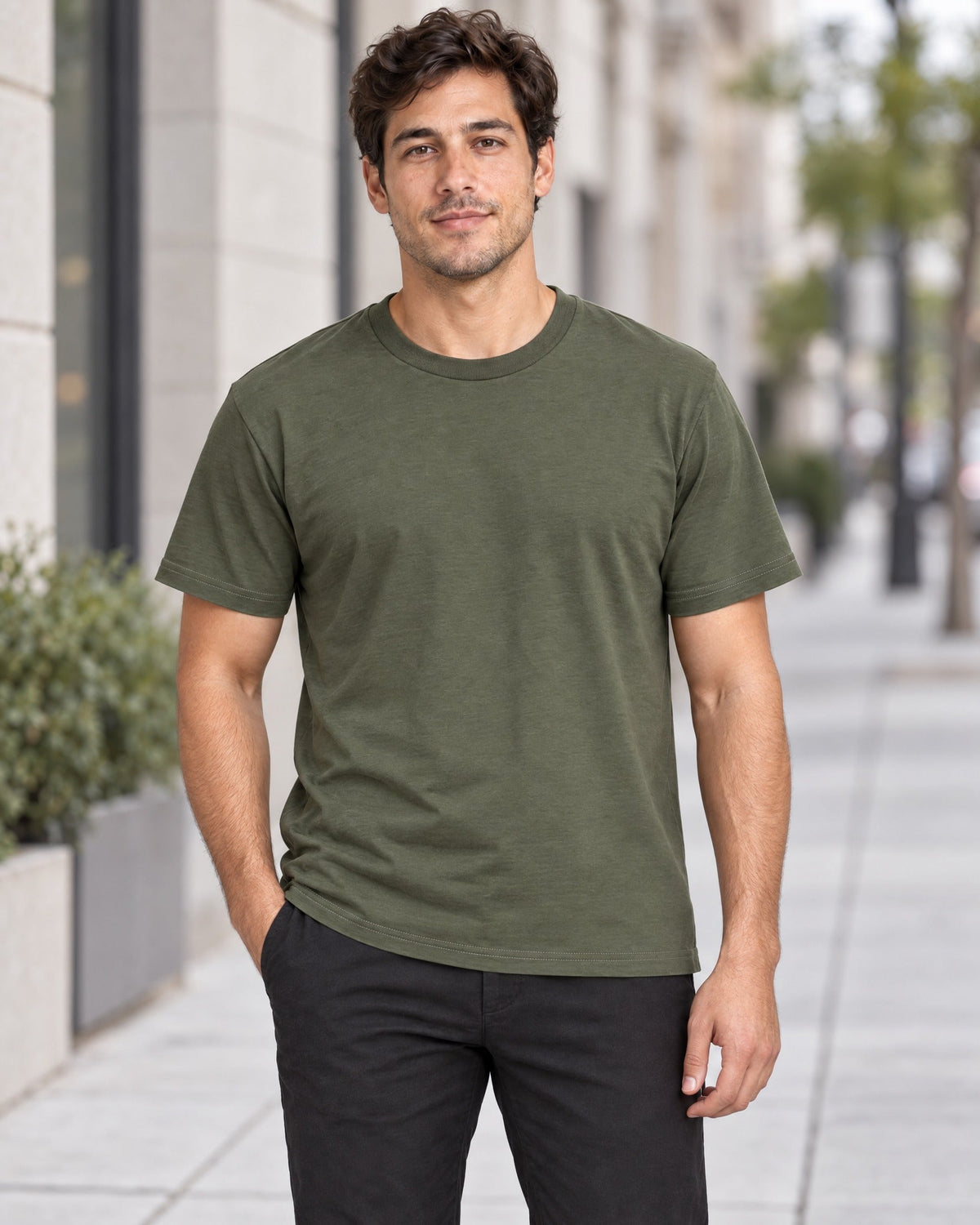 Contour Crew Tee in Olive Green, lifestyle
