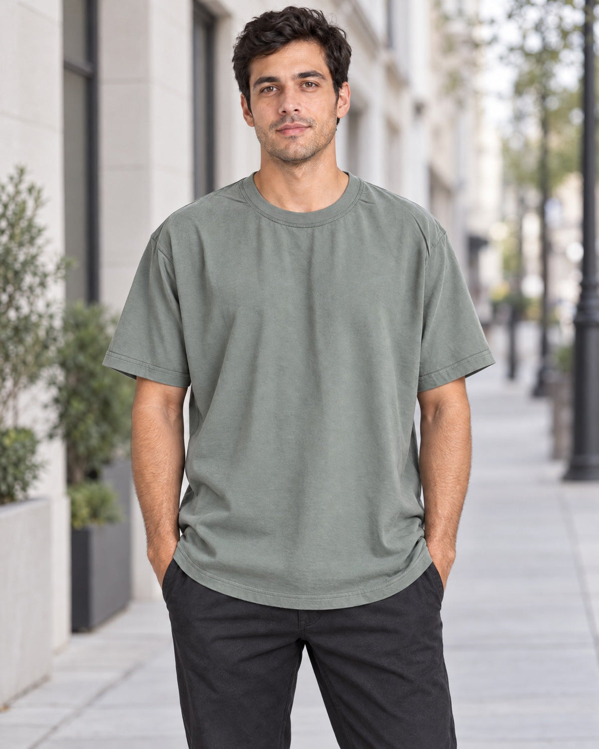 Cuff Frame Crew Tee in Gray Green, lifestyle
