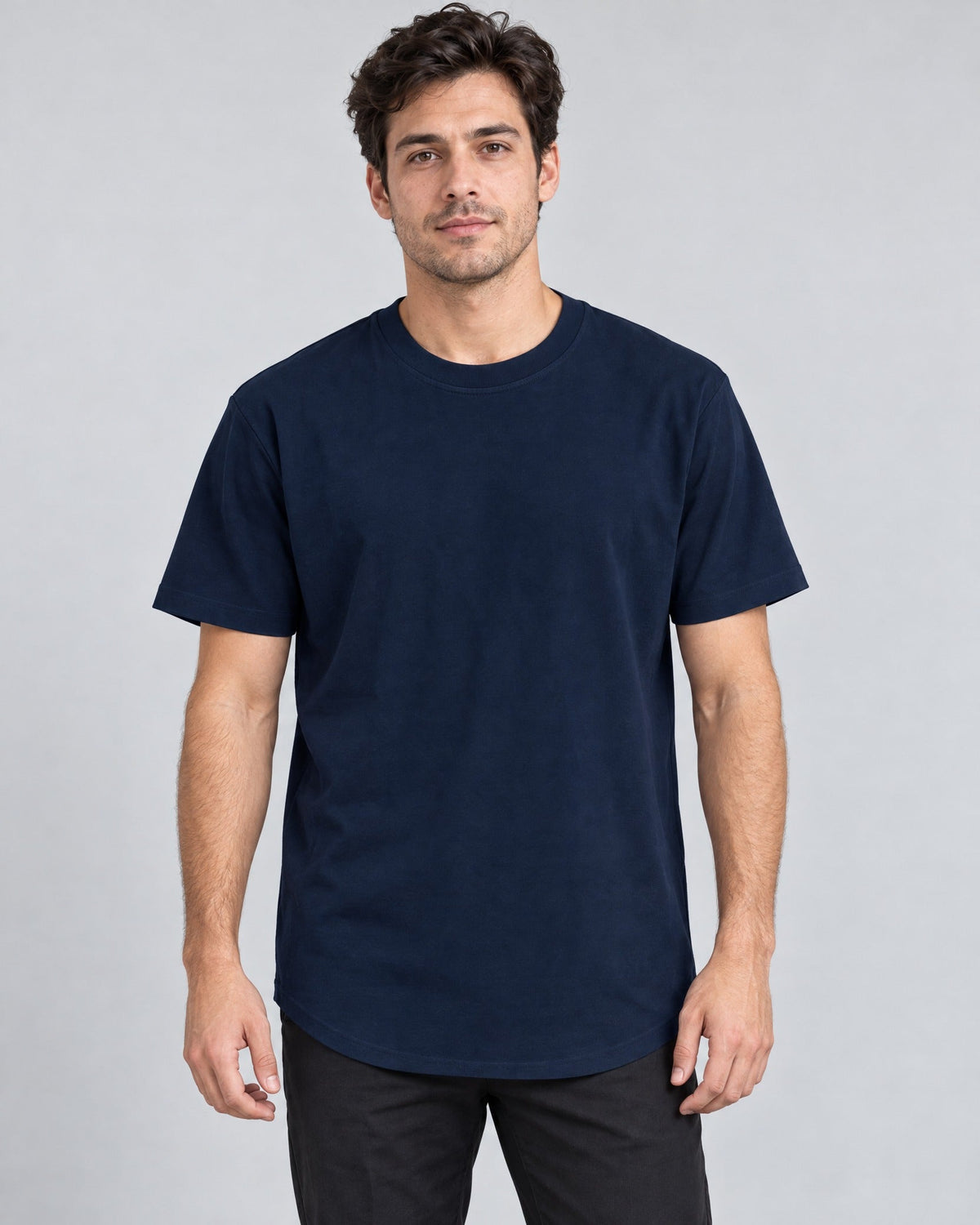 Extended Arc Crew Tee in Navy, on model