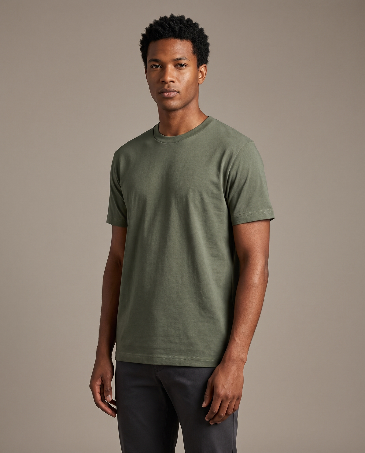 Contour Crew Tee in Olive Green, studio shot on a model