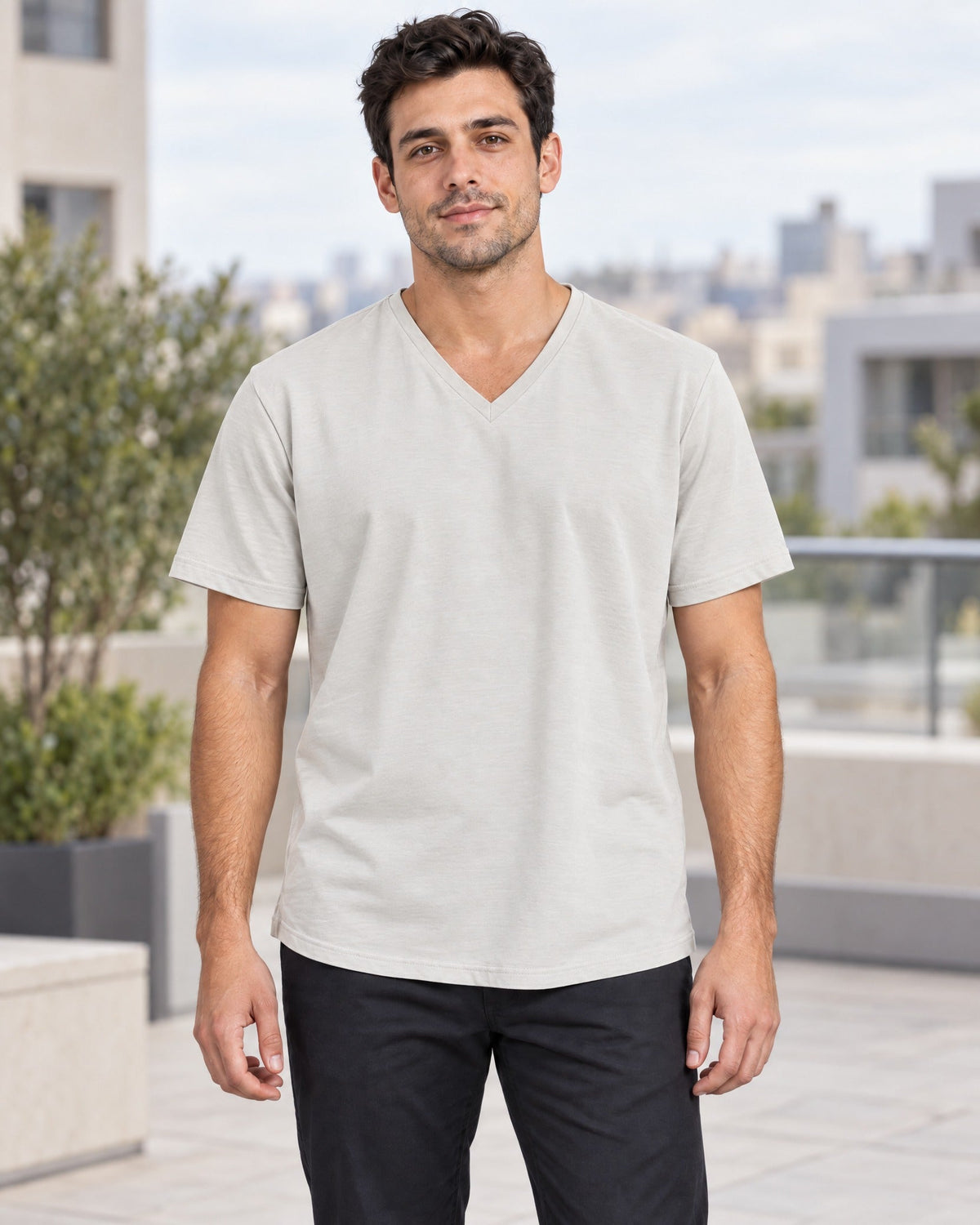 Clean Angle V-Neck Tee in Cream, lifestyle