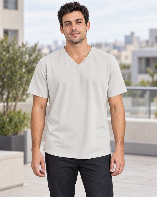 Clean Angle V-Neck Tee in Cream, lifestyle