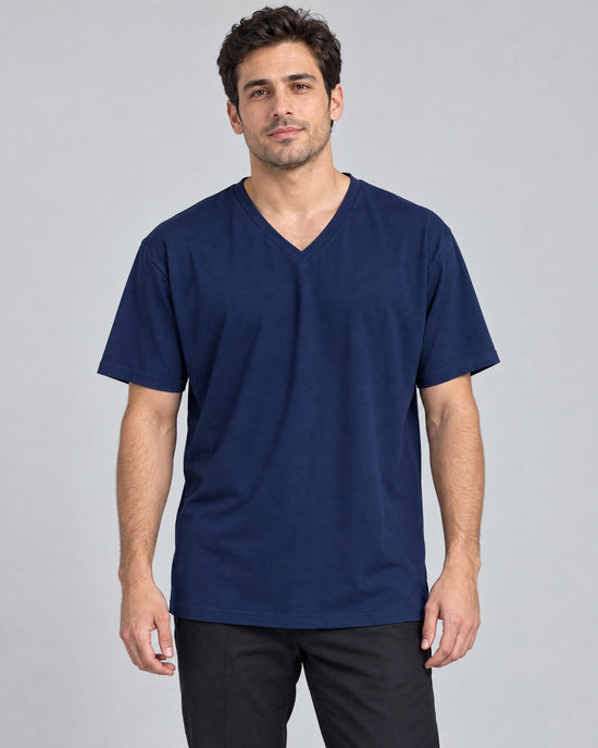 Clean Angle V-Neck Tee in Navy, on model