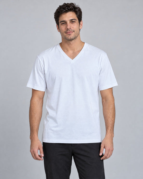 Clean Angle V-Neck Tee in White, on model