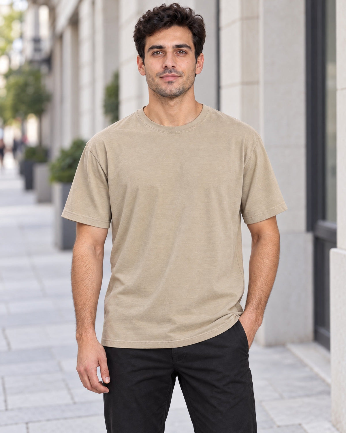 Contour Crew Tee in Beige, lifestyle