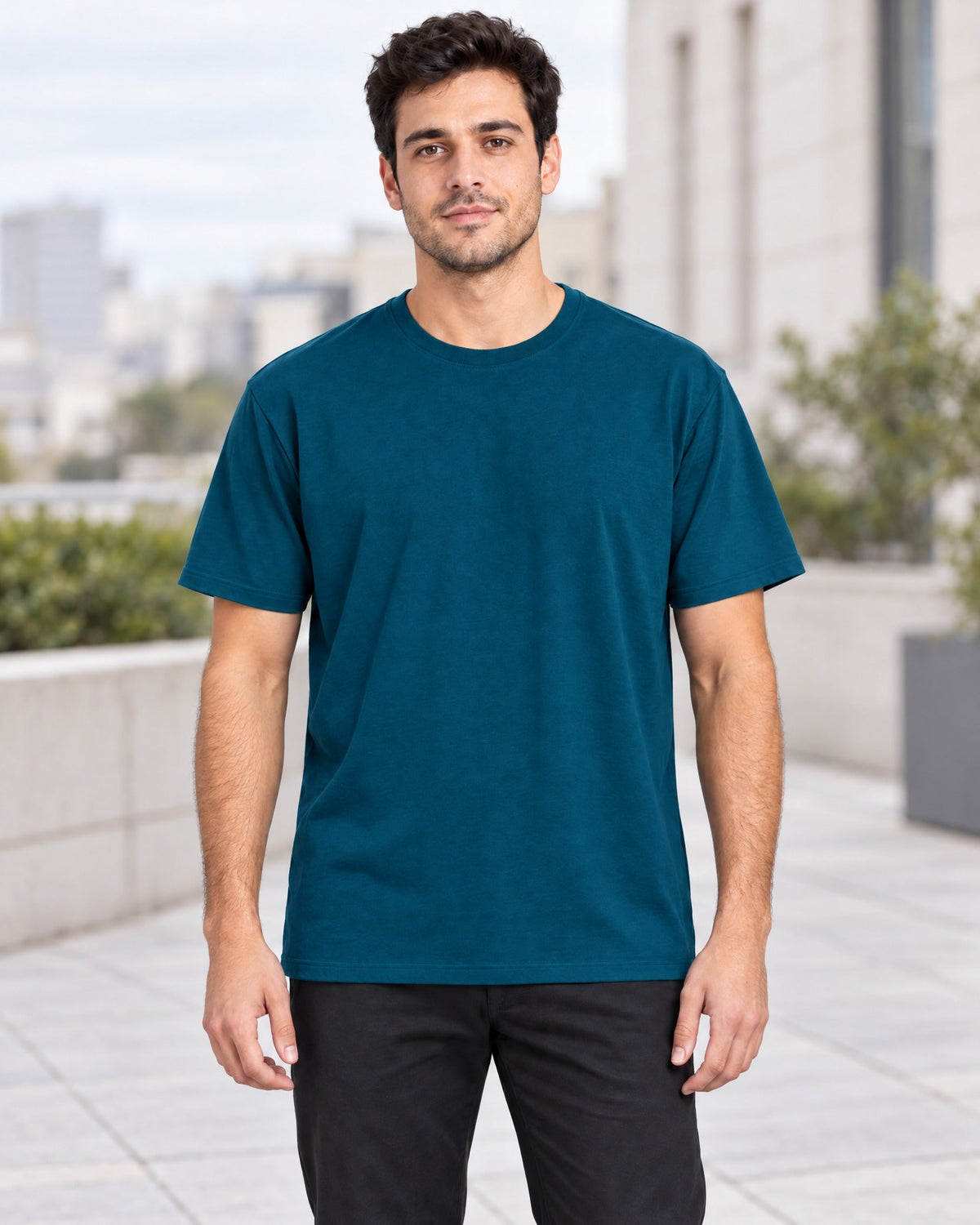 Contour Crew Tee in Teal, lifestyle
