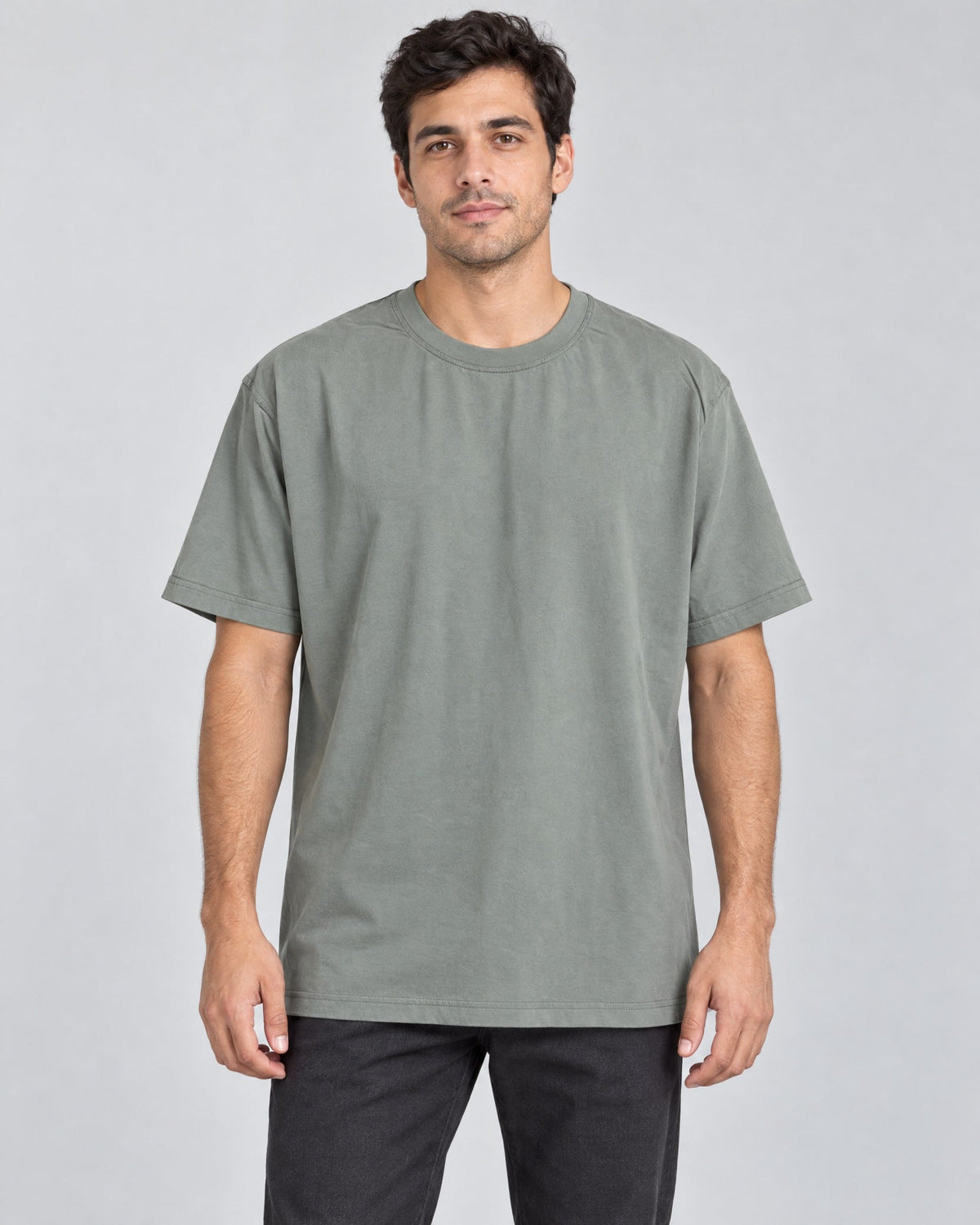 Cuff Frame Crew Tee in Gray Green, on model