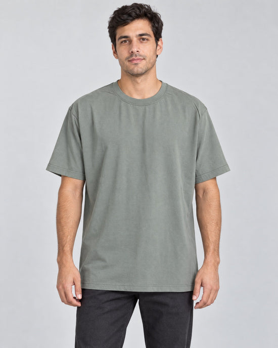 Cuff Frame Crew Tee in Gray Green, on model