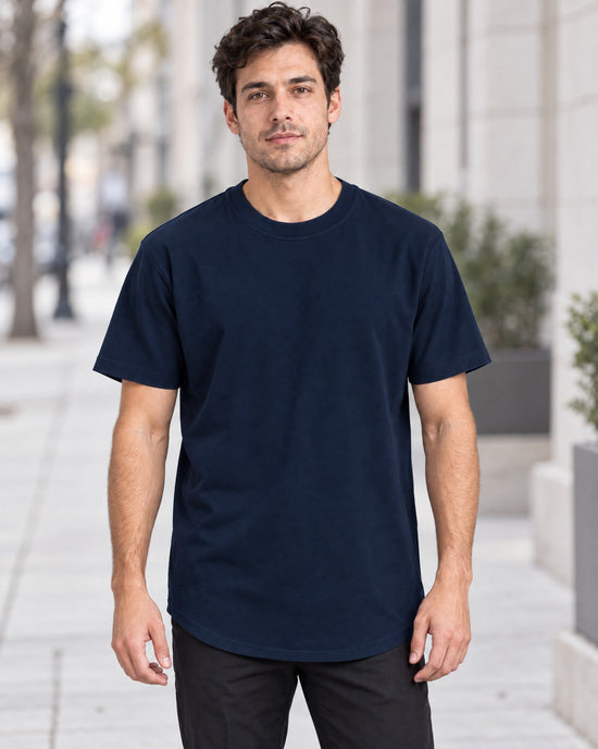 Extended Arc Crew Tee in Navy, lifestyle