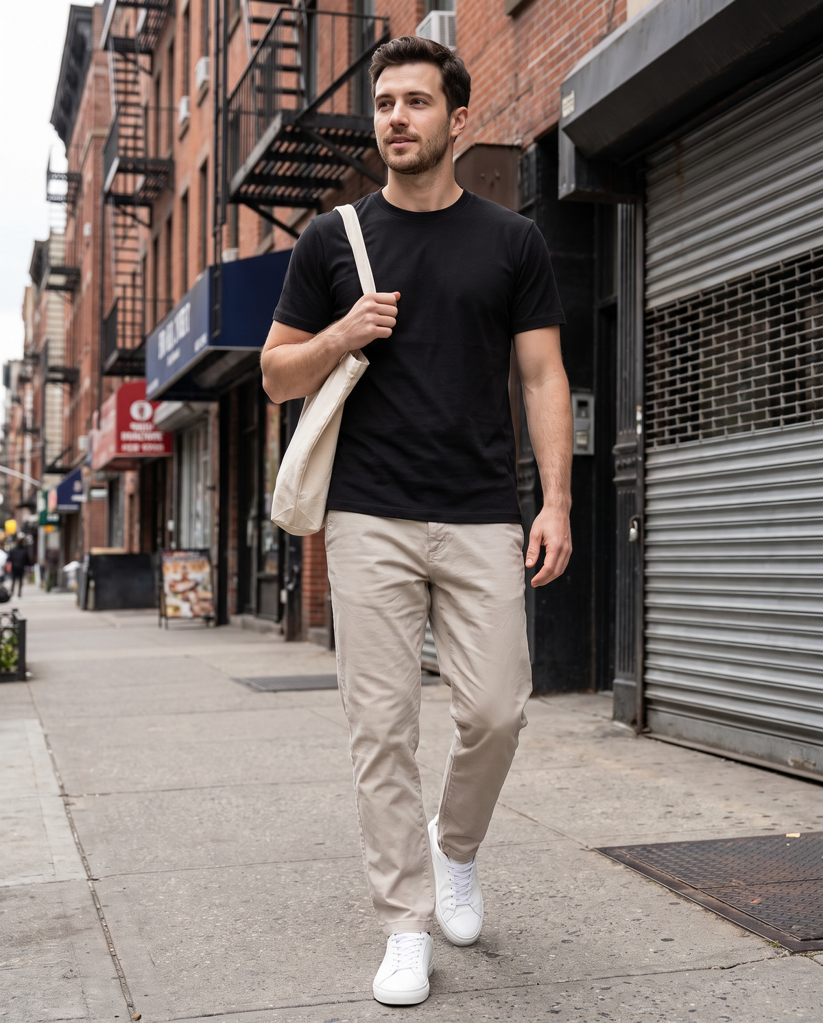Contour Crew Tee in Black, street shot on a model