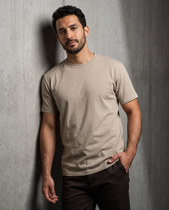 Contour Crew Tee in Beige, editorial shot on a model