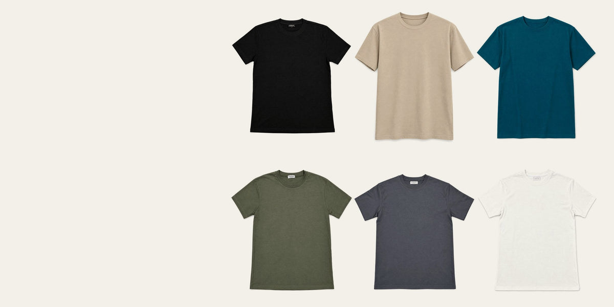 Contour Crew Tee in six colors: black, beige, teal, olive green, charcoal and white
