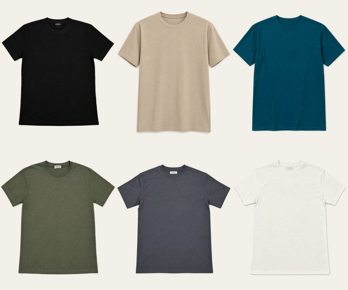 Contour Crew Tee in six colors: black, beige, teal, olive green, charcoal and white
