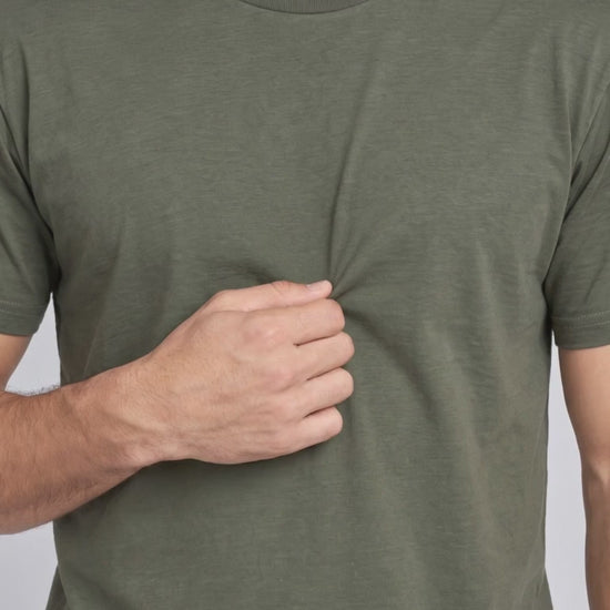 Contour Crew Tee in Olive Green, fabric stretch close-up video