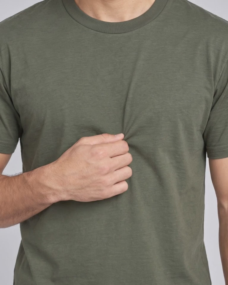Contour Crew Tee in Olive Green, fabric stretch close-up video