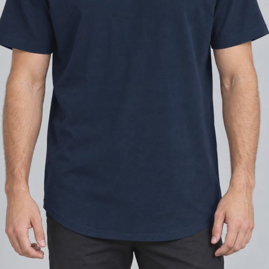 Extended Arc Crew Tee in Navy, curved hem close-up video