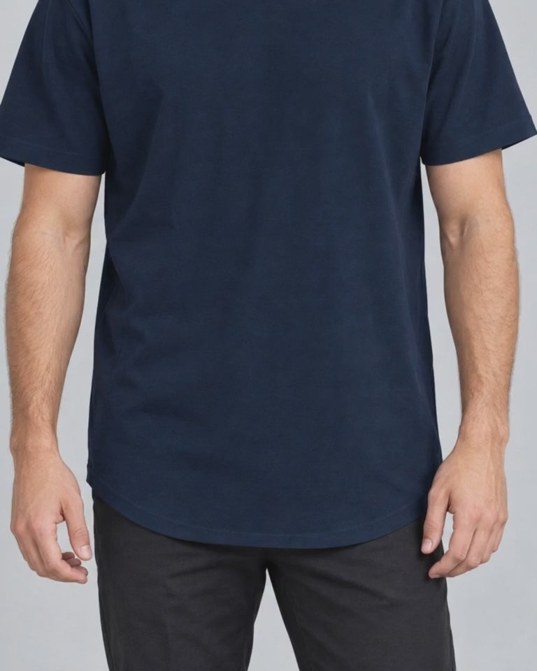 Extended Arc Crew Tee in Navy, curved hem close-up video