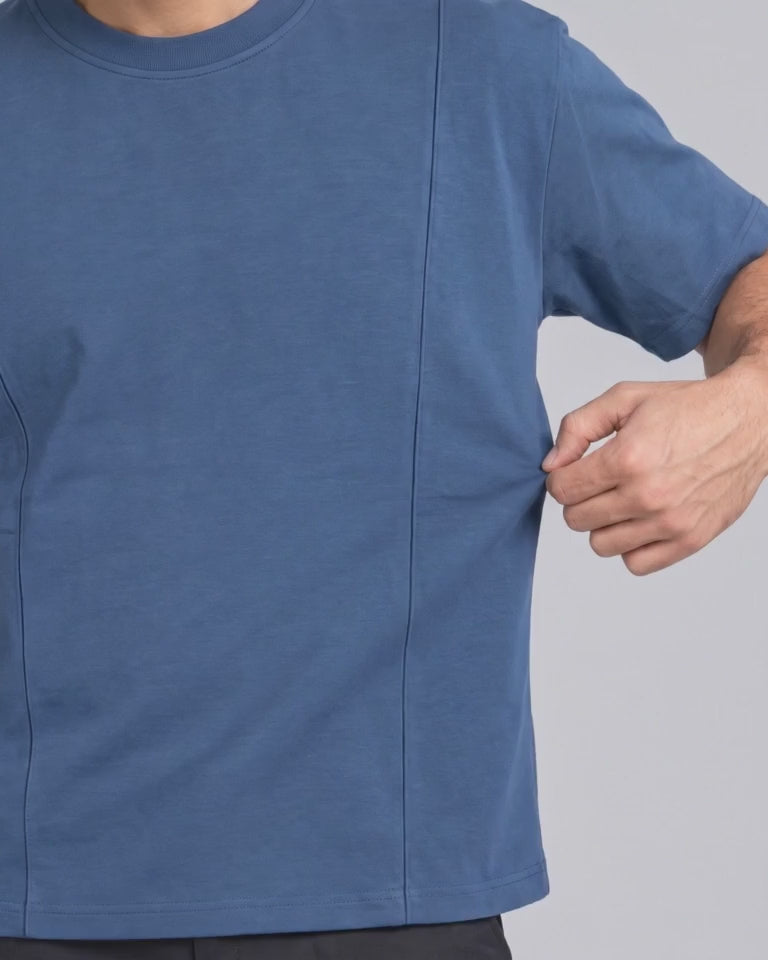 Segment Panel Crew Tee in Blue, fabric stretch close-up video