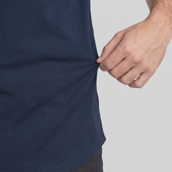 Extended Arc Crew Tee in Navy, fabric stretch close-up video