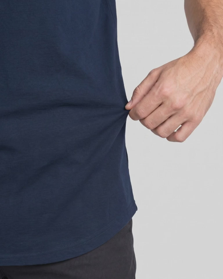 Extended Arc Crew Tee in Navy, fabric stretch close-up video