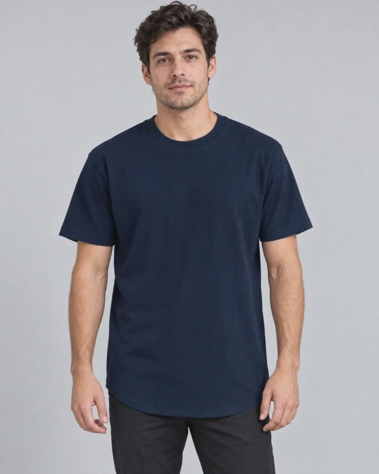 Extended Arc Crew Tee in Navy, studio turn video