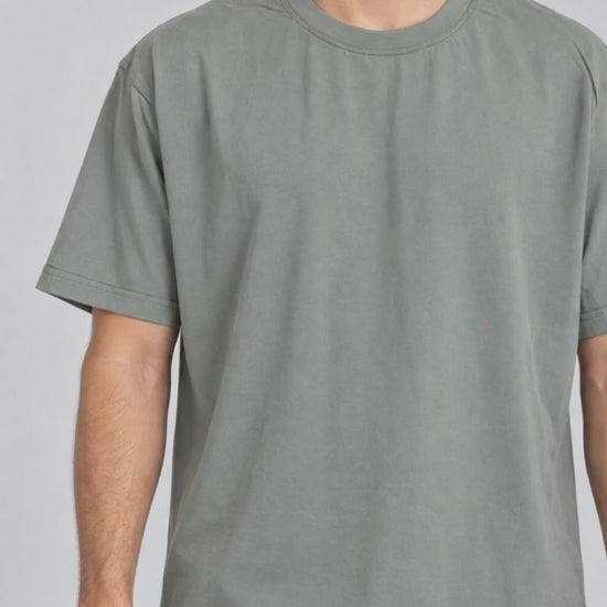 Cuff Frame Crew Tee in Gray Green, collar and shoulder seam close-up video