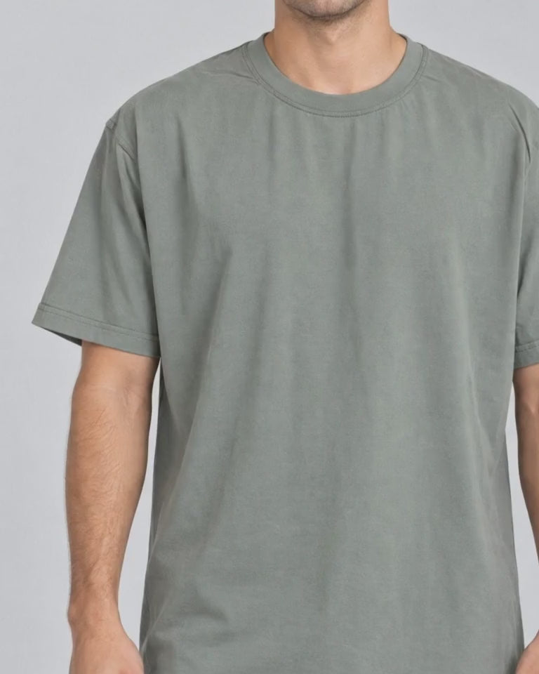 Cuff Frame Crew Tee in Gray Green, collar and shoulder seam close-up video