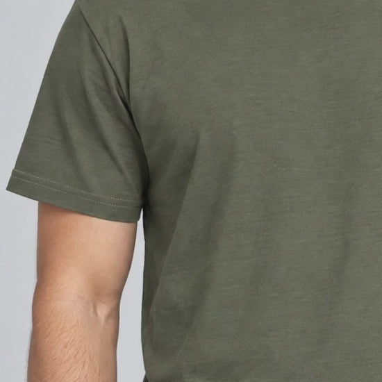 Contour Crew Tee in Olive Green, shoulder seam and sleeve hem close-up video