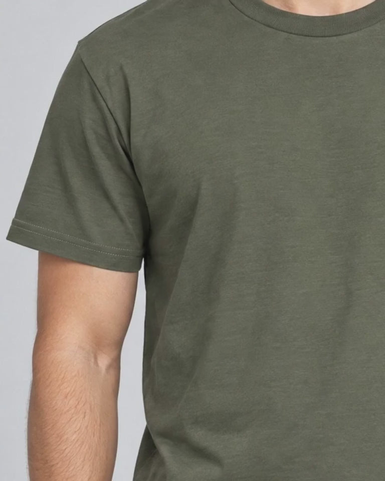 Contour Crew Tee in Olive Green, shoulder seam and sleeve hem close-up video