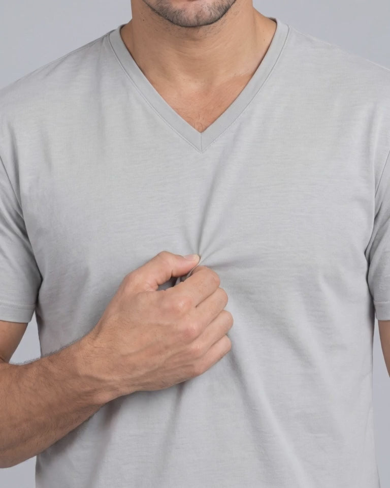 Clean Angle V-Neck Tee in Cream, fabric stretch close-up video
