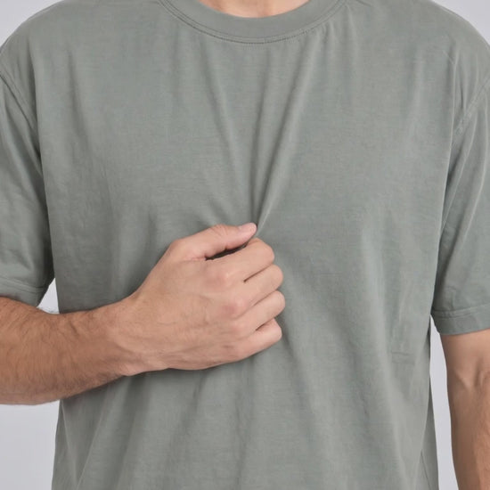 Cuff Frame Crew Tee in Gray Green, fabric stretch close-up video