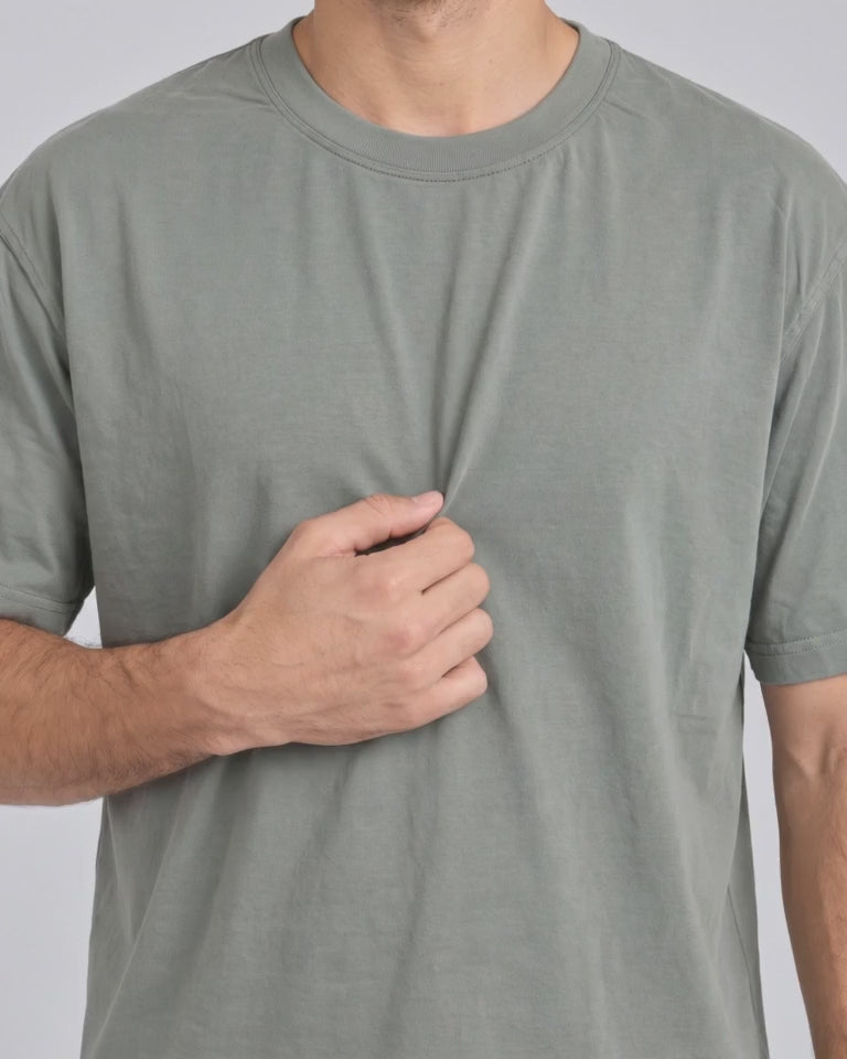 Cuff Frame Crew Tee in Gray Green, fabric stretch close-up video