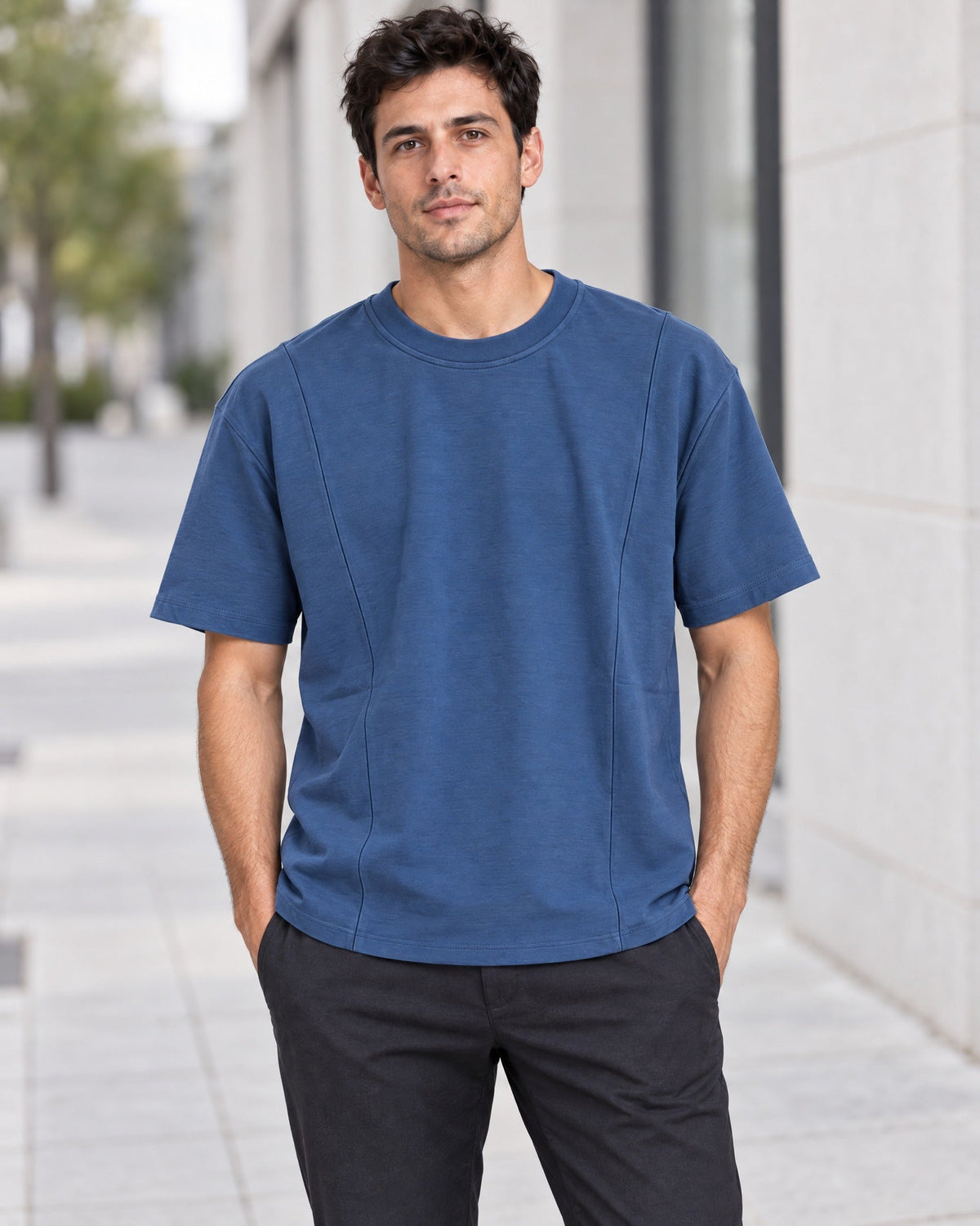 Segment Panel Crew Tee in Blue, lifestyle