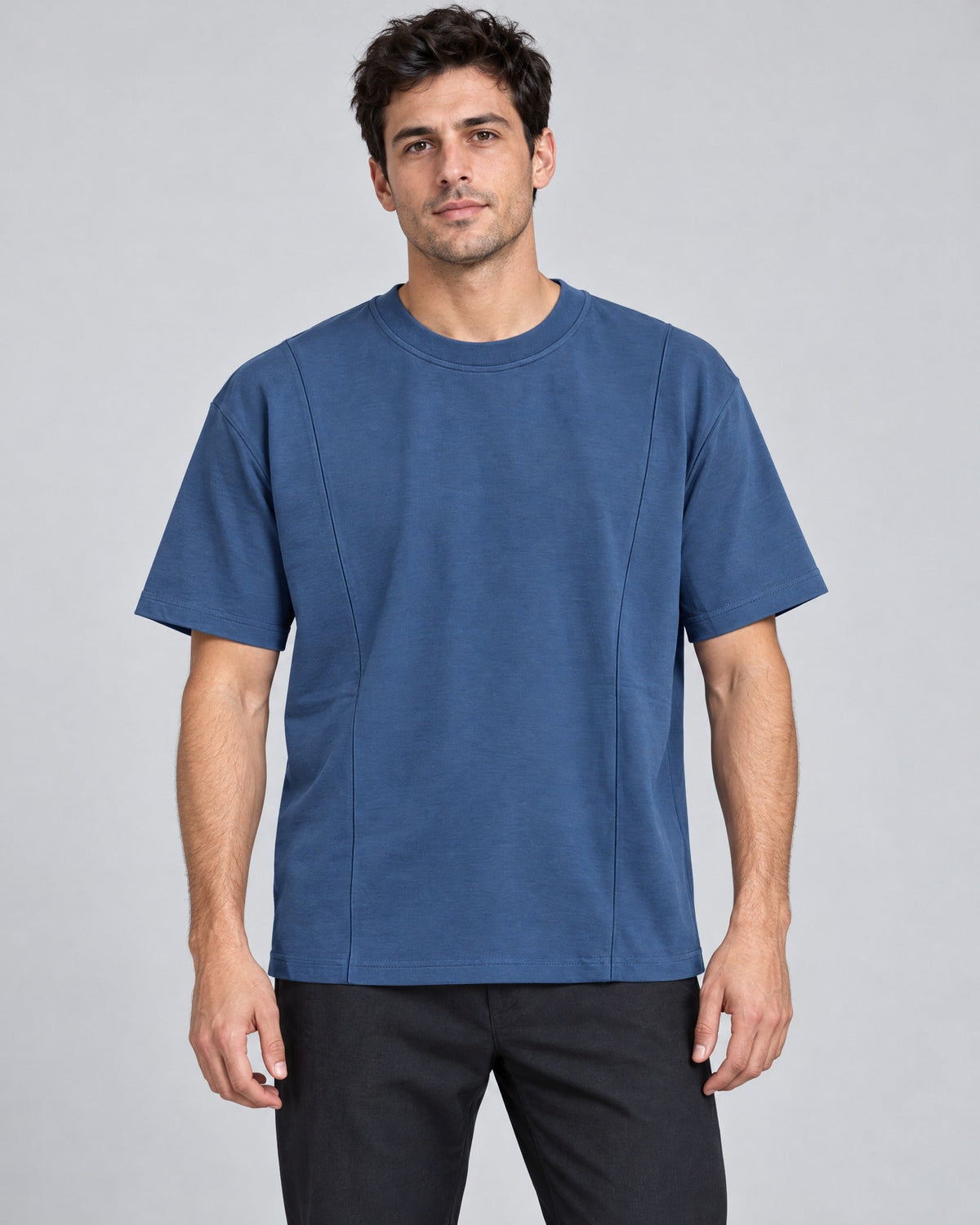 Segment Panel Crew Tee in Blue, on model