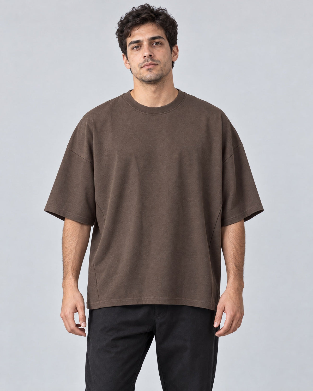 Segment Panel Crew Tee in Brown, on model