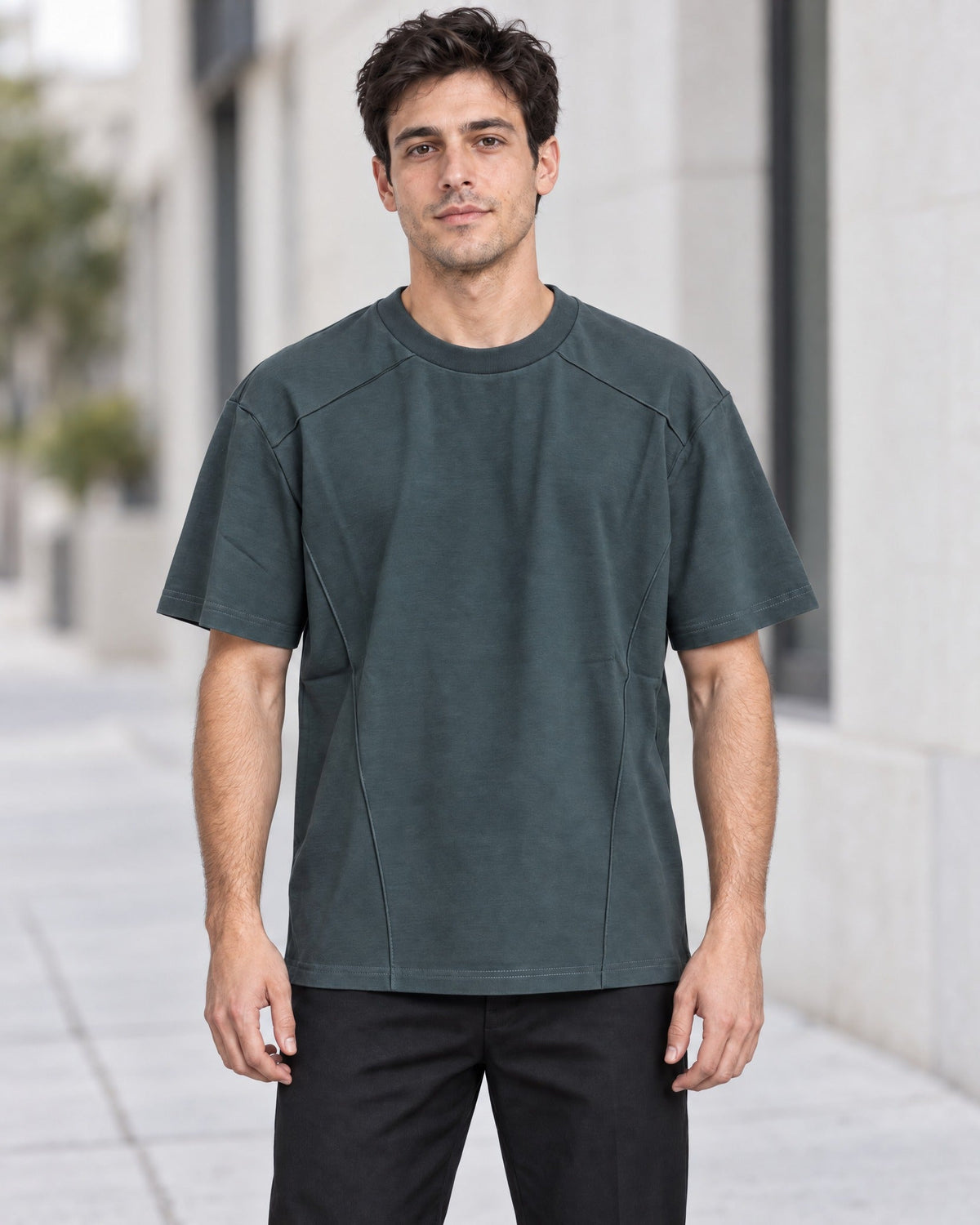 Segment Panel Crew Tee in Charcoal, lifestyle