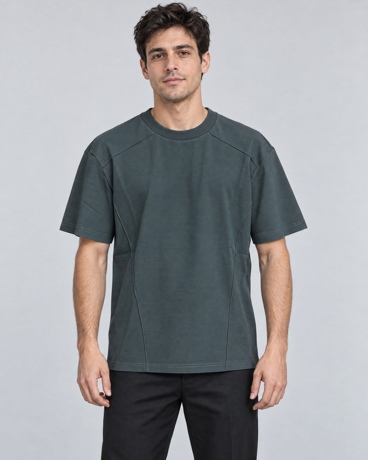 Segment Panel Crew Tee in Charcoal, on model