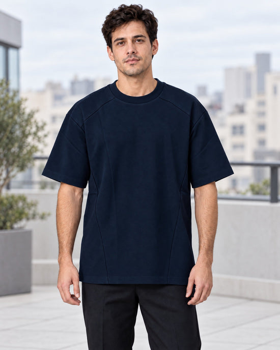Segment Panel Crew Tee in Navy, lifestyle