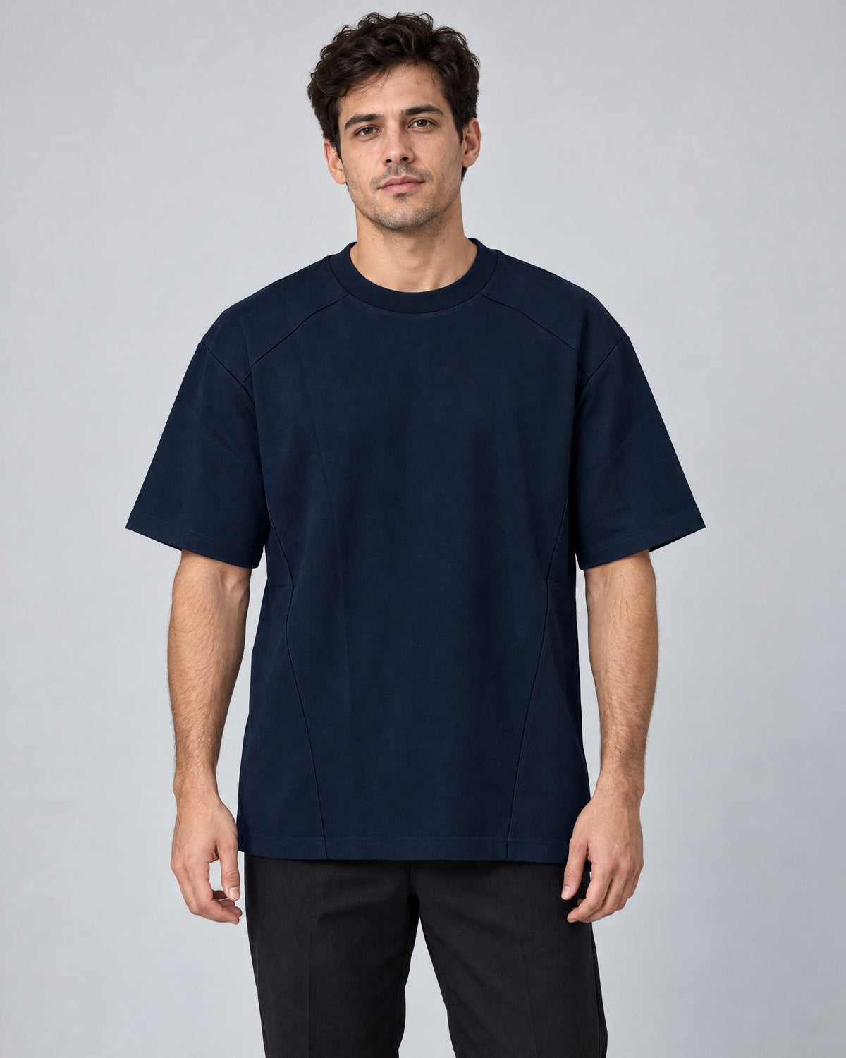 Segment Panel Crew Tee in Navy, on model